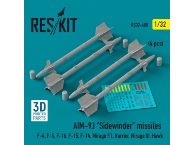 AIM-9J Sidewinder missiles (4 pcs) (F-4, F-5, F-16, F-15, F-14, Mirage F.1, Harrier, Mirage III, Hawk) (3D Printed) 