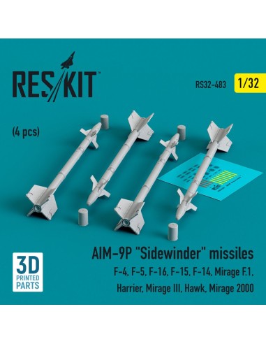 AIM-9P Sidewinder missiles (4 pcs) (F-4, F-5, F-16, F-15, F-14, Mirage F.1, Harrier, Mirage III, Hawk, Mirage 2000) (3D Printed)