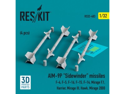 AIM-9P Sidewinder missiles (4 pcs) (F-4, F-5, F-16, F-15, F-14, Mirage F.1, Harrier, Mirage III, Hawk, Mirage 2000) (3D Printed)