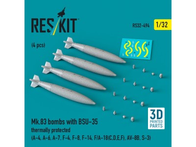 Mk.83 bombs with BSU-35 thermally protected (4 pcs) (A-4, A-6, A-7, F-4, F-8, F-14, F/A-18(C,D,E,F), AV-8B, S-3) (3D printed) 