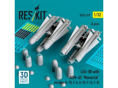 LAU-88 with (2 pcs) AGM-65 Maverick missiles (6 pcs) (A-7D, F-4, A-10, F-16) (3D Printed) 