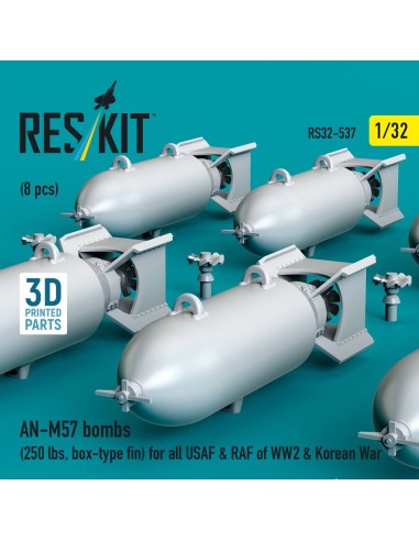 AN-M57 bombs (250 lbs, box-type fin) for all USAF & RAF of WW2 & Korean War (8 pcs) (3D Printed) 