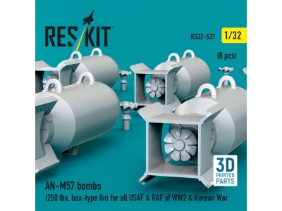 AN-M57 bombs (250 lbs, box-type fin) for all USAF & RAF of WW2 & Korean War (8 pcs) (3D Printed) 