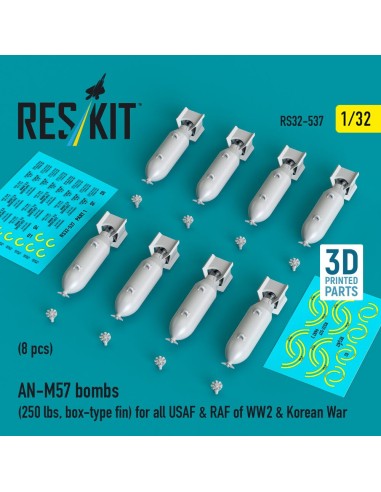 AN-M57 bombs (250 lbs, box-type fin) for all USAF & RAF of WW2 & Korean War (8 pcs) (3D Printed) 