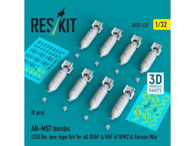 AN-M57 bombs (250 lbs, box-type fin) for all USAF & RAF of WW2 & Korean War (8 pcs) (3D Printed) 