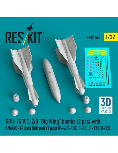 GBU-15(V)1, 2/B Big Wing bombs (2 pcs) with AN/AXQ-14 data link pod (1 pcs) (F-4, F-15E, F-16I, F-111, B-52) (3D Printed) 