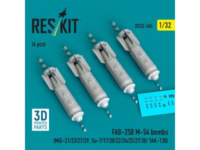 FAB-250 ?-54 bombs (4 pcs) (MiG-21/23/27/29, Su-7/17/20/22/24/25/27/30/ YAK-130) (3D Printed) 