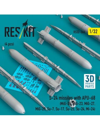 S-24 missiles with APU-68 (4 pcs) (MiG-21, MiG-23, MiG-27, MiG-29, Su-7, Su-17, Su-25, Su-24, Mi-24) (3D Printed) 