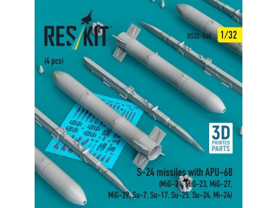 S-24 missiles with APU-68 (4 pcs) (MiG-21, MiG-23, MiG-27, MiG-29, Su-7, Su-17, Su-25, Su-24, Mi-24) (3D Printed) 