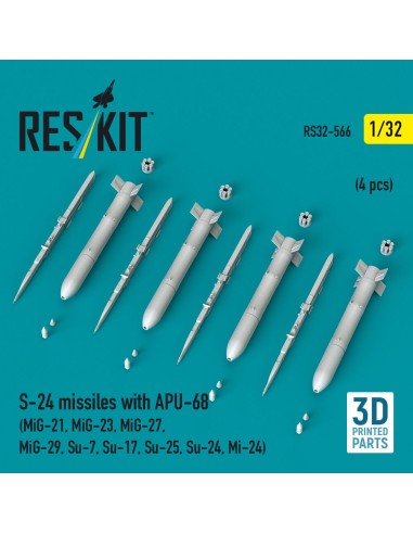 S-24 missiles with APU-68 (4 pcs) (MiG-21, MiG-23, MiG-27, MiG-29, Su-7, Su-17, Su-25, Su-24, Mi-24) (3D Printed) 