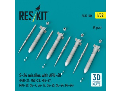 S-24 missiles with APU-68 (4 pcs) (MiG-21, MiG-23, MiG-27, MiG-29, Su-7, Su-17, Su-25, Su-24, Mi-24) (3D Printed) 