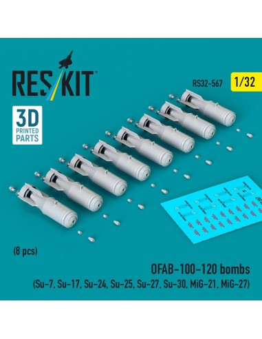OFAB-100-120 bombs (8 pcs) (Su-7, Su-17, Su-24, Su-25, Su-27, Su-30, MiG-21, MiG-27) (3D Printed) 