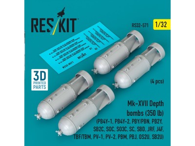 Mk-XVII Depth bombs (350 lb) (4 pcs) (PB4Y-1, PB4Y-2, PBY/PBN, PB2Y, SB2C, SOC, SO3C, SC, SBD, JRF, J4F, TBF/TBM, PV-1, PV-2, PB