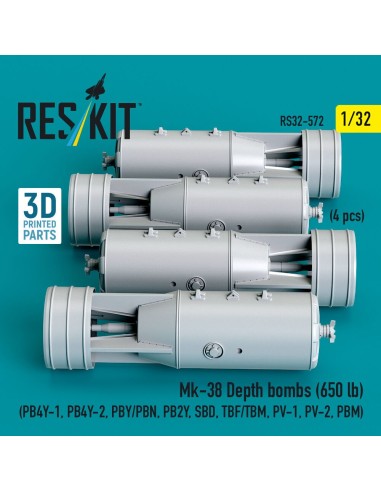 Mk-38 Depth bombs (650 lb) (4 pcs) (PB4Y-1, PB4Y-2, PBY/PBN, PB2Y, SBD, TBF/TBM, PV-1, PV-2, PBM) (3D Printed) 