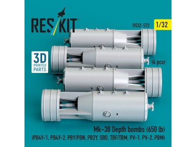 Mk-38 Depth bombs (650 lb) (4 pcs) (PB4Y-1, PB4Y-2, PBY/PBN, PB2Y, SBD, TBF/TBM, PV-1, PV-2, PBM) (3D Printed) 