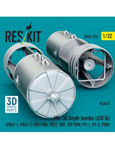 Mk-38 Depth bombs (650 lb) (4 pcs) (PB4Y-1, PB4Y-2, PBY/PBN, PB2Y, SBD, TBF/TBM, PV-1, PV-2, PBM) (3D Printed) 