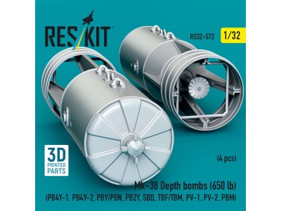 Mk-38 Depth bombs (650 lb) (4 pcs) (PB4Y-1, PB4Y-2, PBY/PBN, PB2Y, SBD, TBF/TBM, PV-1, PV-2, PBM) (3D Printed) 