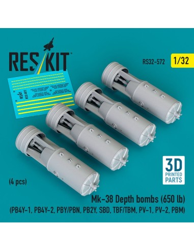 Mk-38 Depth bombs (650 lb) (4 pcs) (PB4Y-1, PB4Y-2, PBY/PBN, PB2Y, SBD, TBF/TBM, PV-1, PV-2, PBM) (3D Printed) 