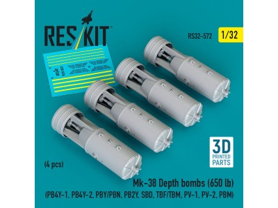 Mk-38 Depth bombs (650 lb) (4 pcs) (PB4Y-1, PB4Y-2, PBY/PBN, PB2Y, SBD, TBF/TBM, PV-1, PV-2, PBM) (3D Printed) 