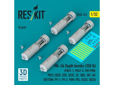 Mk-54 Depth bombs (350 lb) (4 pcs) (PB4Y-1, PB4Y-2, PBY/PBN, PB2Y, SB2C, SOC, SO3C, SC, SBD, JRF, J4F, TBF/TBM, PV-1, PV-2, PBM,