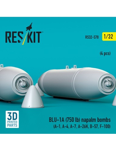 BLU-1A (750 lb) napalm bombs (4 pcs) (A-1, A-4, A-7, A-26K, B-57, F-100) (3D Printed) 