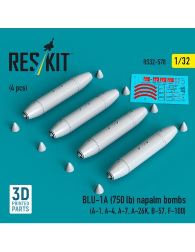 BLU-1A (750 lb) napalm bombs (4 pcs) (A-1, A-4, A-7, A-26K, B-57, F-100) (3D Printed) 