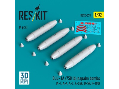 BLU-1A (750 lb) napalm bombs (4 pcs) (A-1, A-4, A-7, A-26K, B-57, F-100) (3D Printed) 