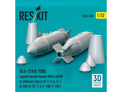 BLU-27A/B 750lb napalm bombs finned (MXU-469/B) or unfinned (2 pcs) (A-1, A-4, A-7, A-26K, B-57, F-4, F-100, F-105 ) (3D Printed