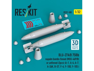 BLU-27A/B 750lb napalm bombs finned (MXU-469/B) or unfinned (2 pcs) (A-1, A-4, A-7, A-26K, B-57, F-4, F-100, F-105 ) (3D Printed