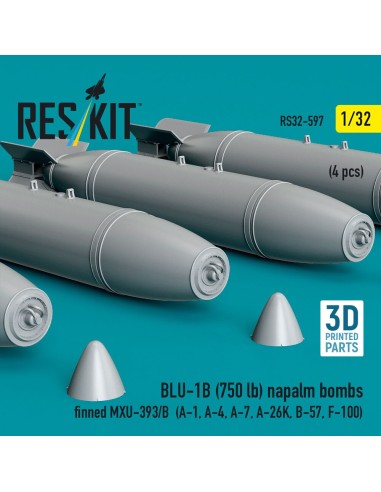 BLU-1B (750 lb) napalm bombs finned MXU-393/B (4 pcs) (A-1, A-4, A-7, A-26K, B-57, F-100) (3D Printed) 