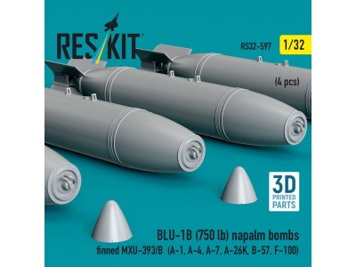 BLU-1B (750 lb) napalm bombs finned MXU-393/B (4 pcs) (A-1, A-4, A-7, A-26K, B-57, F-100) (3D Printed) 