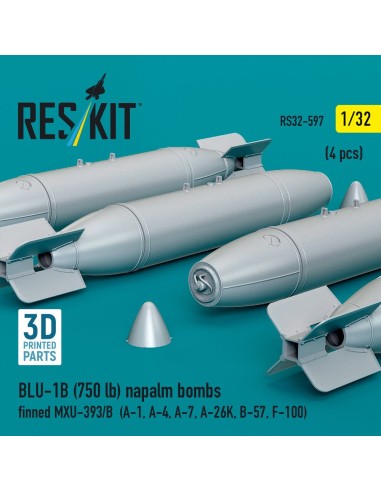 BLU-1B (750 lb) napalm bombs finned MXU-393/B (4 pcs) (A-1, A-4, A-7, A-26K, B-57, F-100) (3D Printed) 