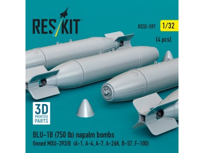 BLU-1B (750 lb) napalm bombs finned MXU-393/B (4 pcs) (A-1, A-4, A-7, A-26K, B-57, F-100) (3D Printed) 