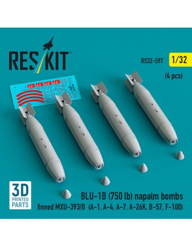 BLU-1B (750 lb) napalm bombs finned MXU-393/B (4 pcs) (A-1, A-4, A-7, A-26K, B-57, F-100) (3D Printed) 