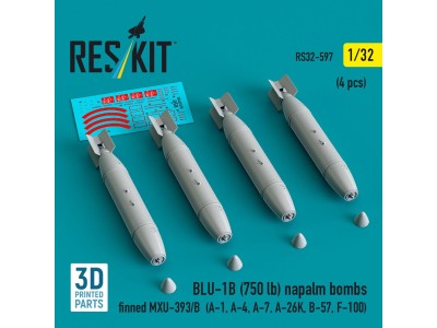 BLU-1B (750 lb) napalm bombs finned MXU-393/B (4 pcs) (A-1, A-4, A-7, A-26K, B-57, F-100) (3D Printed) 