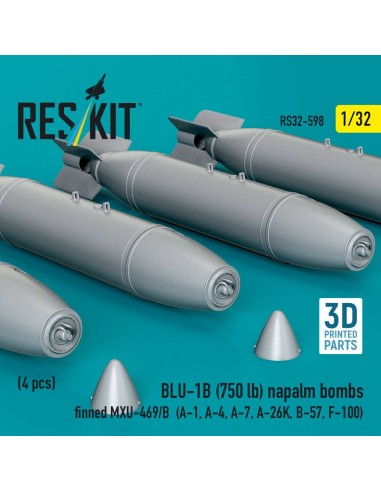 BLU-1B (750 lb) napalm bombs finned MXU-469/B (4 pcs) (A-1, A-4, A-7, A-26K, B-57, F-100) (3D Printed) 