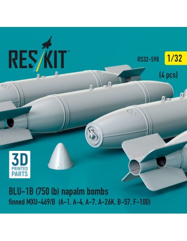 BLU-1B (750 lb) napalm bombs finned MXU-469/B (4 pcs) (A-1, A-4, A-7, A-26K, B-57, F-100) (3D Printed) 