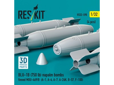 BLU-1B (750 lb) napalm bombs finned MXU-469/B (4 pcs) (A-1, A-4, A-7, A-26K, B-57, F-100) (3D Printed) 