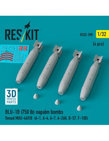 BLU-1B (750 lb) napalm bombs finned MXU-469/B (4 pcs) (A-1, A-4, A-7, A-26K, B-57, F-100) (3D Printed) 