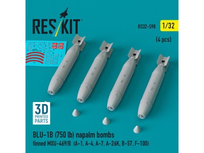 BLU-1B (750 lb) napalm bombs finned MXU-469/B (4 pcs) (A-1, A-4, A-7, A-26K, B-57, F-100) (3D Printed) 