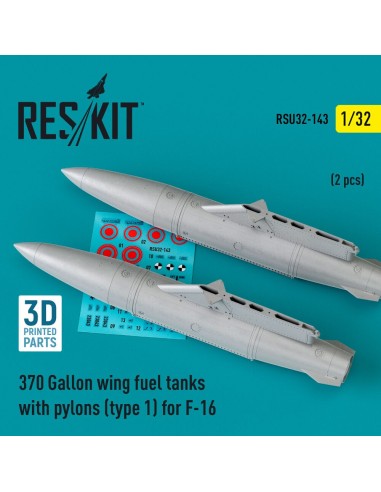 370 Gallon wing fuel tanks with pylons (type 1) for F-16 (A/B/C/D/E/F/I) (2 pcs) (3D Printed) 