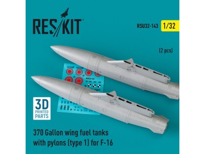 370 Gallon wing fuel tanks with pylons (type 1) for F-16 (A/B/C/D/E/F/I) (2 pcs) (3D Printed) 