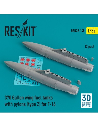 370 Gallon wing fuel tanks with pylons (type 2) for F-16 (A/B/C/D/E/F/I) (2 pcs) (3D Printed) 