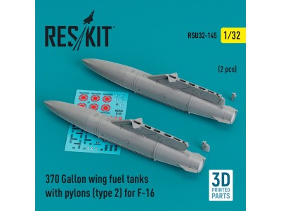 370 Gallon wing fuel tanks with pylons (type 2) for F-16 (A/B/C/D/E/F/I) (2 pcs) (3D Printed) 