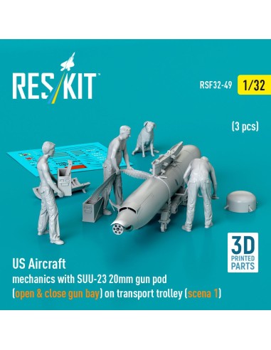 US Aircraft mechanics with SUU-23 20mm gun pod (open & close gun bay) on transport trolley (scene 1) (3 pcs) (3D Printed) 