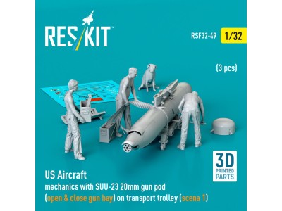 US Aircraft mechanics with SUU-23 20mm gun pod (open & close gun bay) on transport trolley (scene 1) (3 pcs) (3D Printed) 