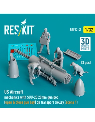 US Aircraft mechanics with SUU-23 20mm gun pod (open & close gun bay) on transport trolley (scene 1) (3 pcs) (3D Printed) 