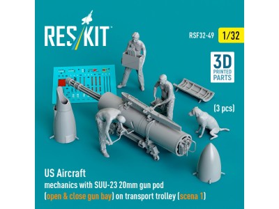 US Aircraft mechanics with SUU-23 20mm gun pod (open & close gun bay) on transport trolley (scene 1) (3 pcs) (3D Printed) 