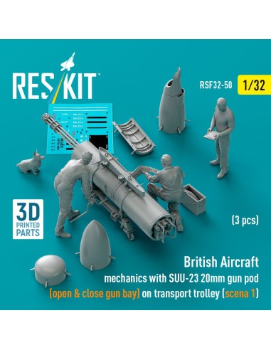 British Aircraft mechanics with SUU-23 20mm gun pod (open & close gun bay) on on transport trolley (scene 1) (3 pcs) (3D Printed