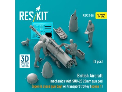 British Aircraft mechanics with SUU-23 20mm gun pod (open & close gun bay) on on transport trolley (scene 1) (3 pcs) (3D Printed